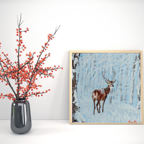 トナカイ　動物　アクリル画　絵画 大きな鹿の油絵、野生動物のリビングルーム用のオリジナルの