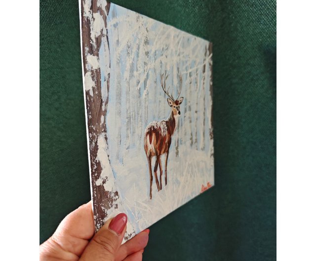 冬の森の鹿 オリジナルアート動物絵画 RinaArtSK - ショップ