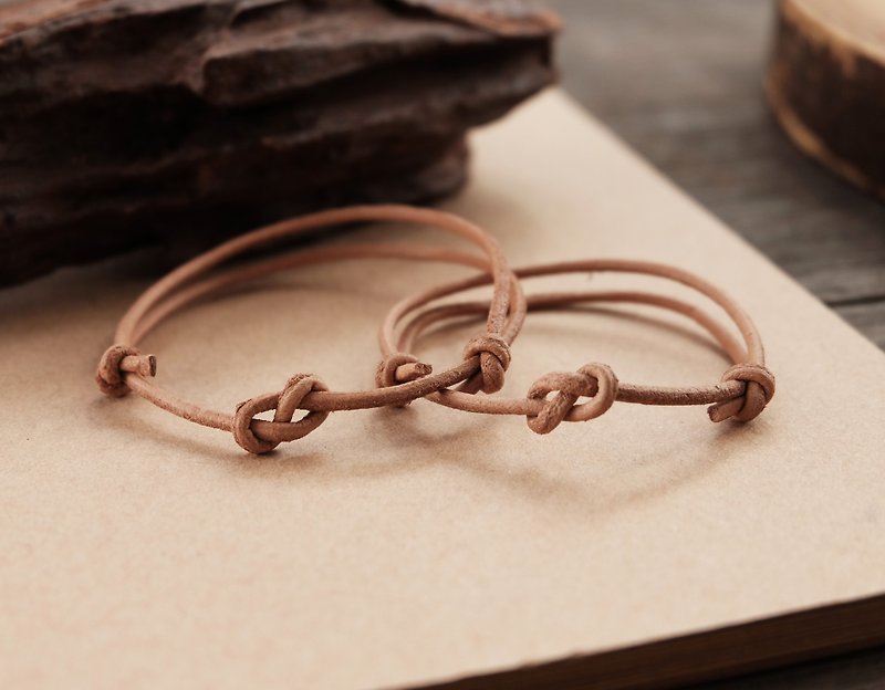 Little infinity knot genuine leather in natural tan bracelet - couple bracelet - Bracelets - Genuine Leather Brown