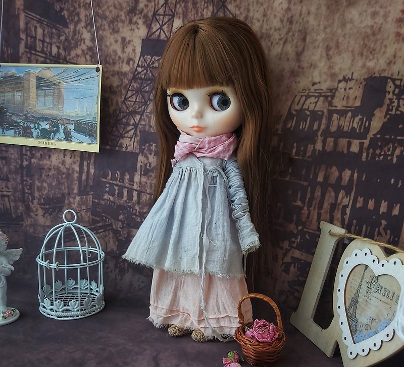 Collection Peasants for Blythe doll PINK-GREY: Vintage outfit of old style - 嬰幼兒玩具/毛公仔 - 棉．麻 粉紅色
