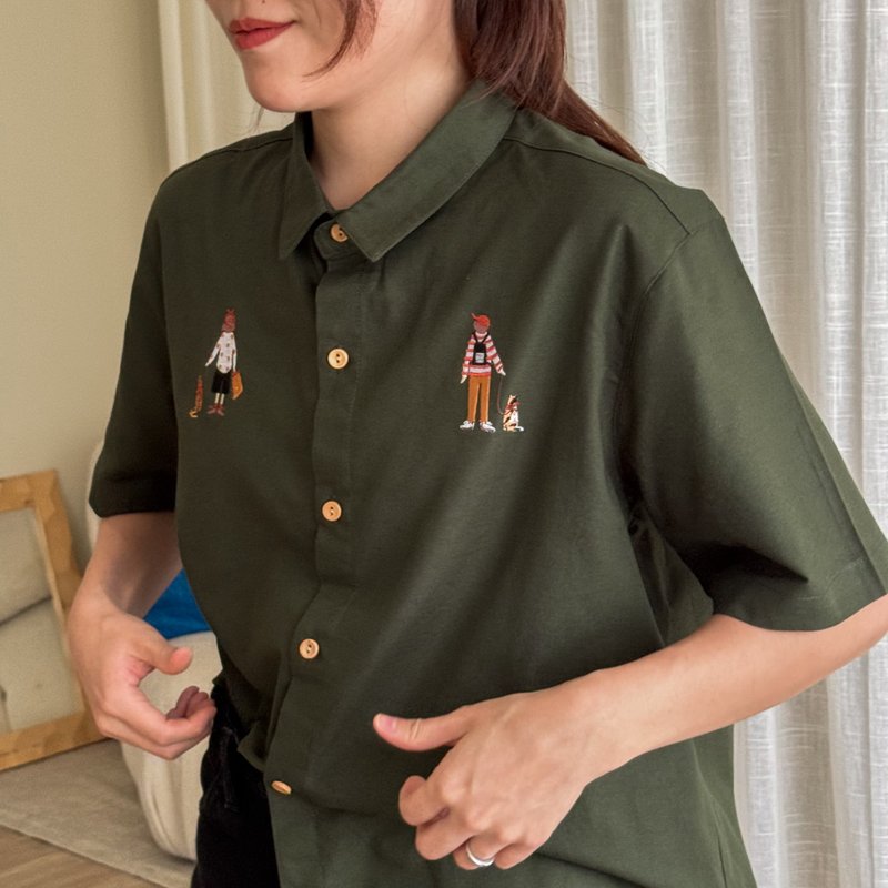 刺绣衬衫 (Embroidery Shirt) : 绿色 (Green) : 白色 与猫同行 - 女襯衫 - 棉．麻 綠色