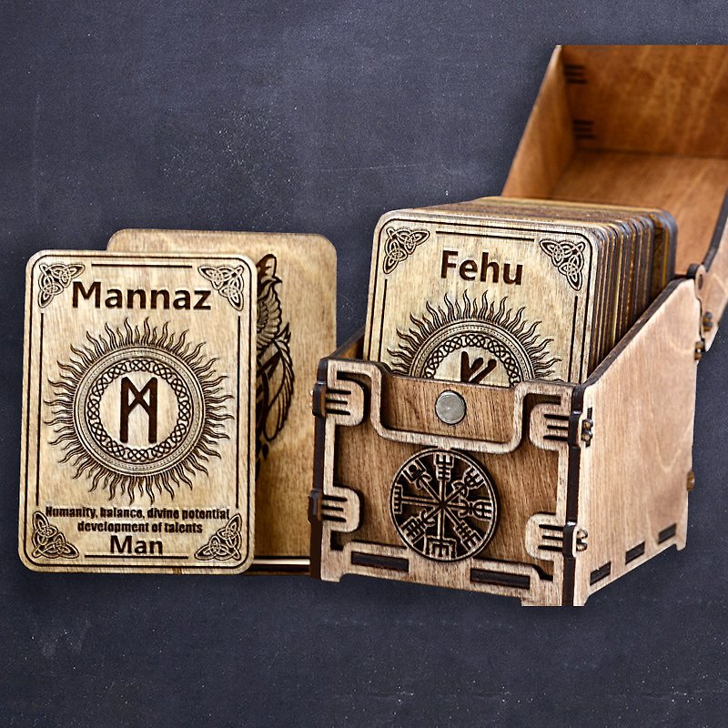 HANDMADE Wooden Runes Oracle cards Set 24 pcs with gift box - 其他 - 木頭 咖啡色