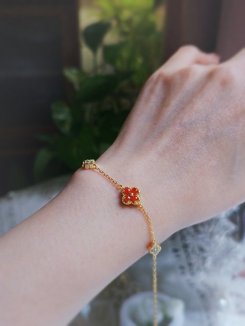 Luien路安翡翠 幸運•和美•制太歲|馬卡龍紅|緬甸翡翠無燒紅翡純銀四葉草手鏈
