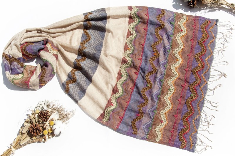 喀什米爾Cashmere/水煮羊毛披肩/針織圍巾/刺繡圍巾/羊絨披巾-花 - 圍巾/披肩 - 羊毛 多色