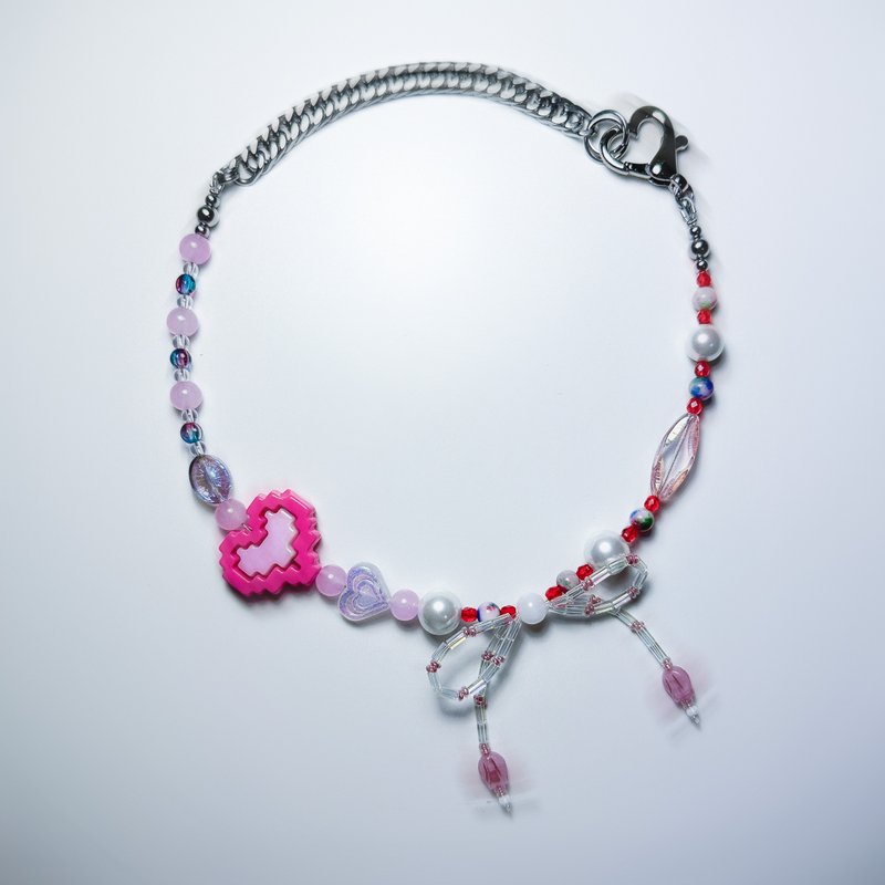 Ribbon & Pixelated Heart Necklace - Necklaces - Other Materials Pink