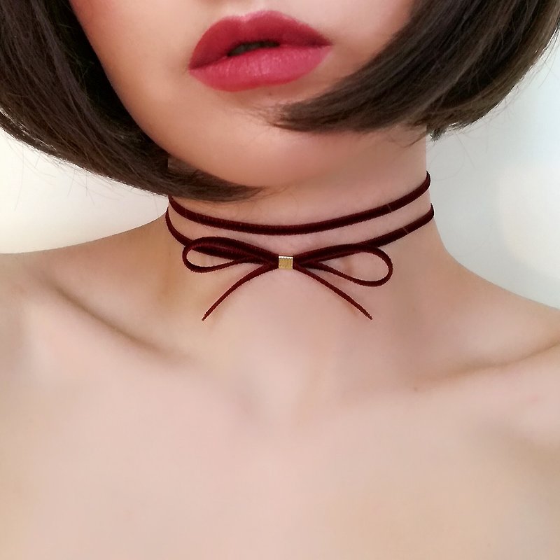 (Red) 2 Ribbon Choker SV138RE - Necklaces - Polyester Red