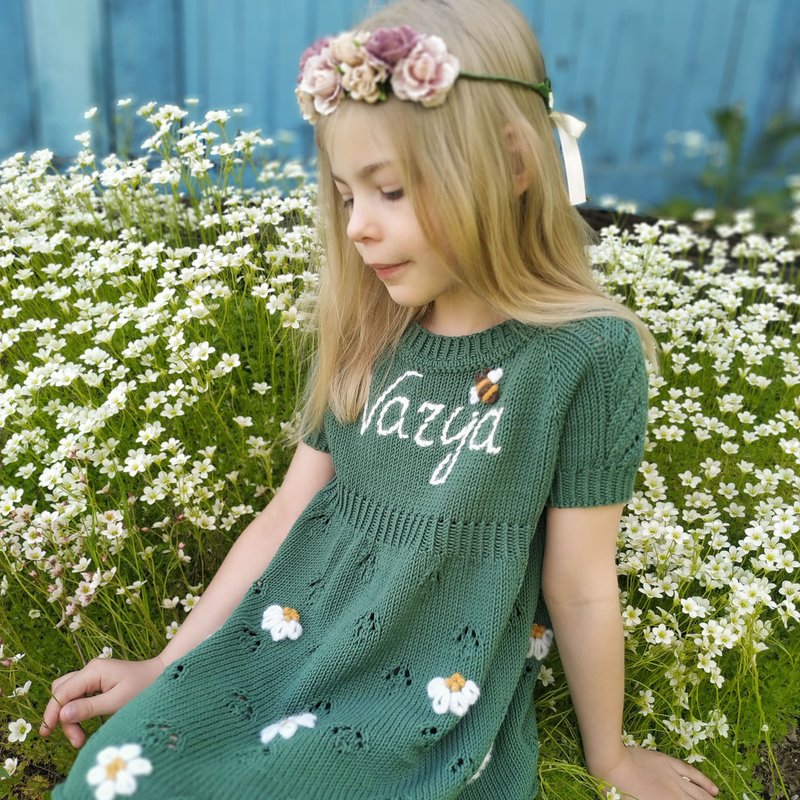 Summer cotton organic dress with name and flowers embroidery for kids, girls - 男/女童禮服 - 棉．麻 