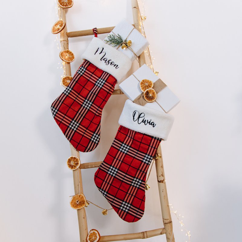 Family Plaid Christmas Stockings Personalized, Cute Embroidered Xmas Stockings, - Other - Linen 