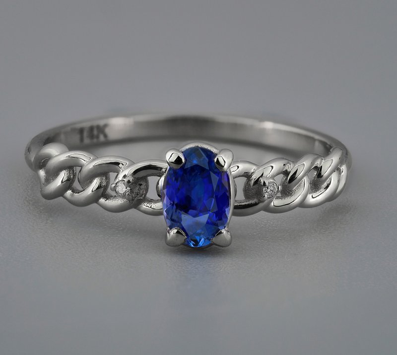 14k gold ring with sapphire and diamonds - 戒指 - 貴金屬 金色