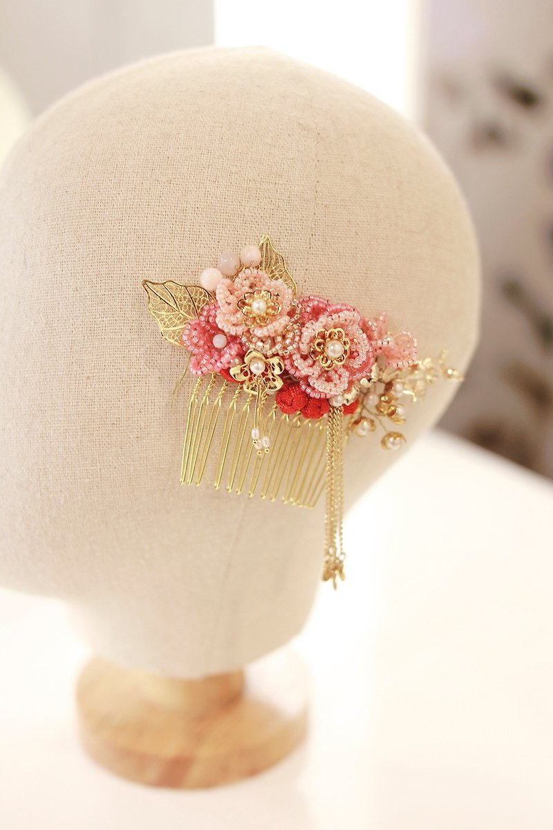 Bridal Headpiece, Oriental Headpiece, Chinese Mid Headdress, Chinese Headdress - Hair Accessories - Glass Pink
