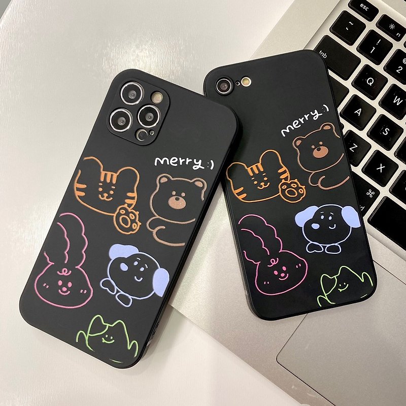 Animal Friends Drawing iPhone Galaxy Silicon Case - 手機殼/手機套 - 矽膠 黑色