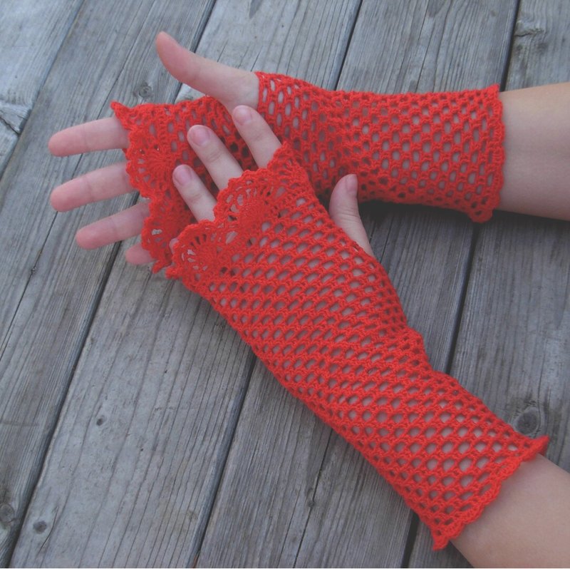 Lace cotton fingerless gloves red crochet mittens - Gloves & Mittens - Cotton & Hemp Red