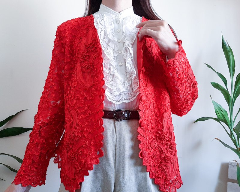 復古紅色手工刺繡蕾絲絲帶夾克刺繡絲帶花卉 - 女西裝外套 - 聚酯纖維 紅色