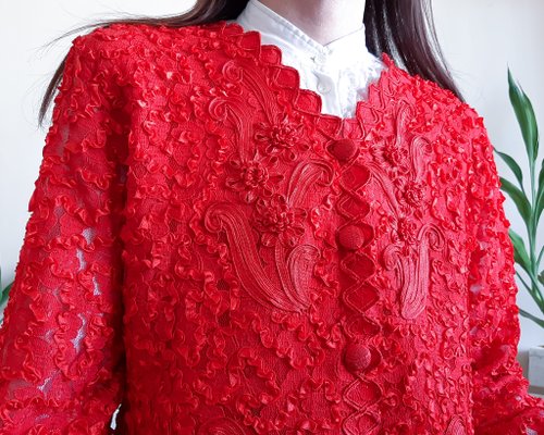 Vintage Red Handmade Embroidered Lace Ribbon Jacket