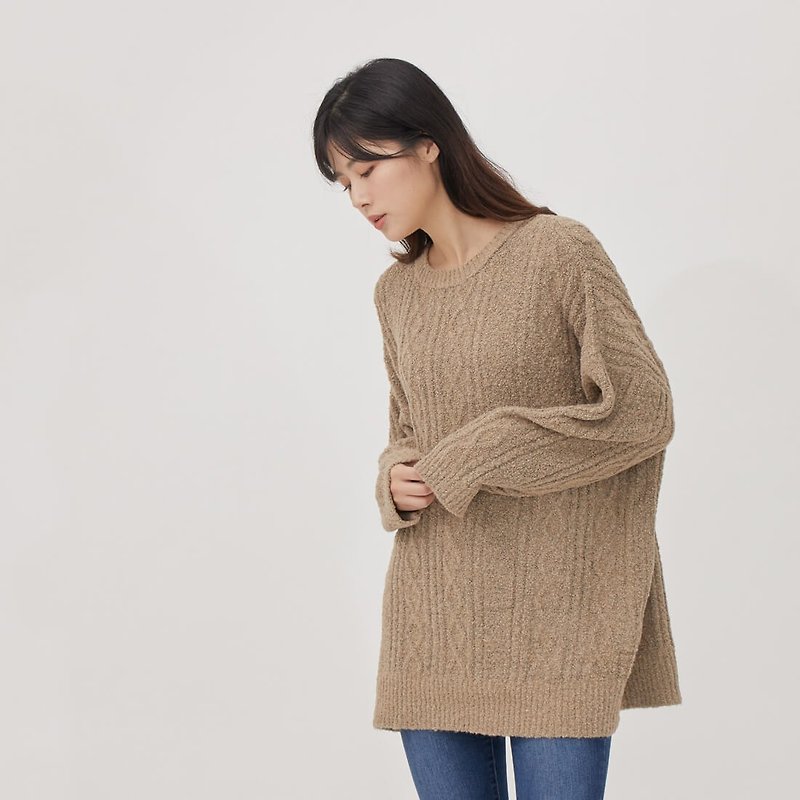 Penny Round-neck Cable Pullover Tunic Sweater / Milk tea - ニット・セーター - その他の化学繊維 カーキ