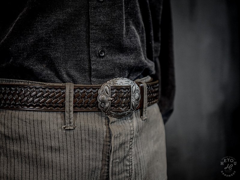 Tooled Leather Belt Basket Grain Tea Core Leather Belt-Old Tea Core - Belts - Genuine Leather Brown
