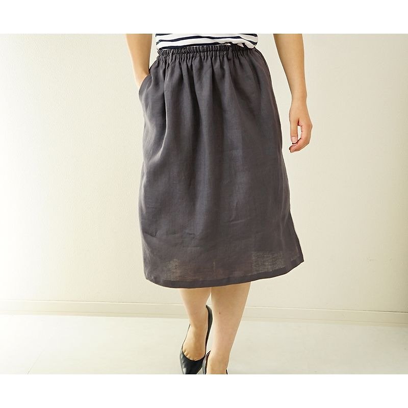 [Wafu] Belgian linen 100% straight skirt / black color (sumiiro) sk4-69 - กระโปรง - ผ้าฝ้าย/ผ้าลินิน สีเทา