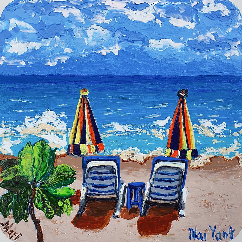 Beach Painting Umbrellas Original Art Chaise Lounges Wall Art Seascape Holidays - โปสเตอร์ - วัสดุอื่นๆ สีน้ำเงิน