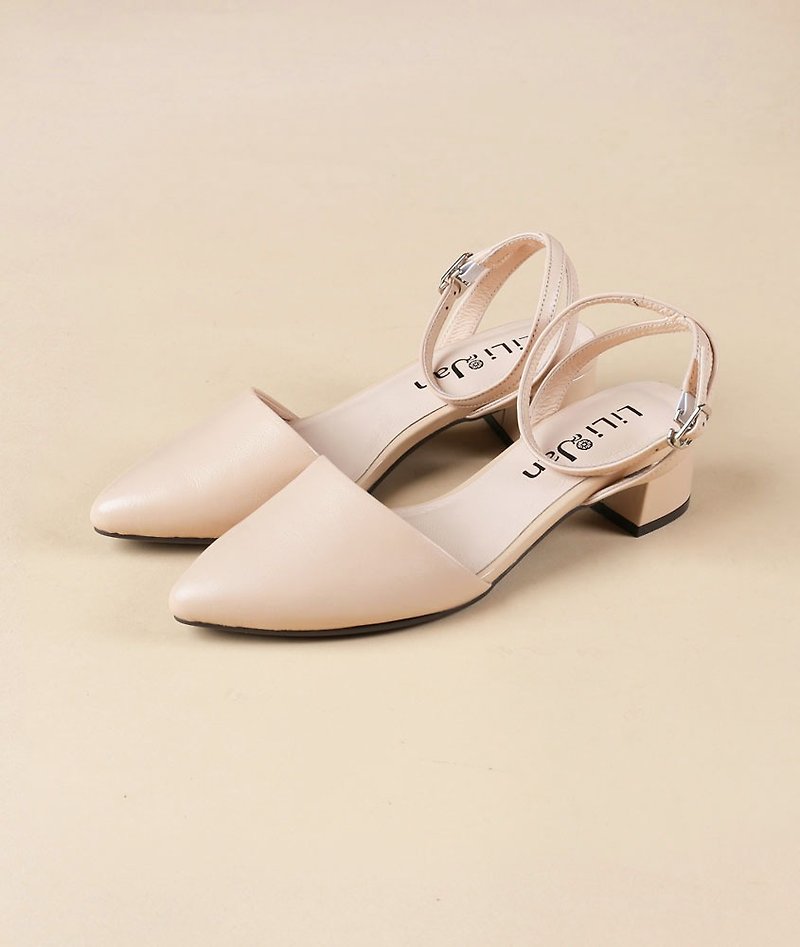 [Missing Moment] Elegant lace-up mid-heel sandals_Pure nude skin - รองเท้ารัดส้น - หนังแท้ สีส้ม