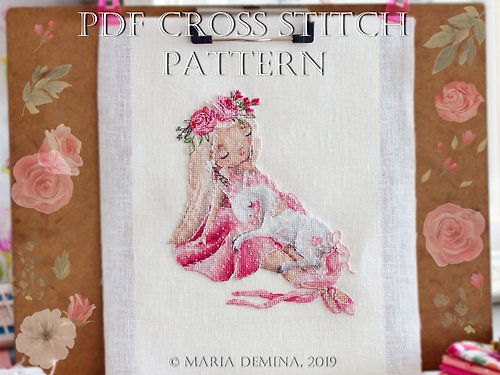 LittleRoomInTheAttic Lovely Ballerina And Baby Unicorn PDF cross stitch pattern 芭蕾舞 女孩 独角兽 十字绣