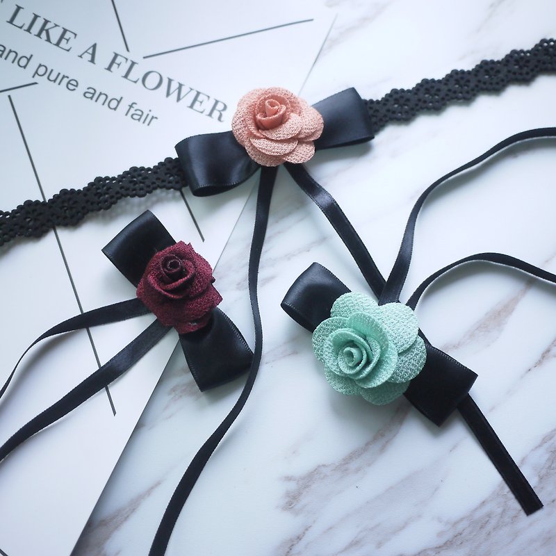 Long bow Rose Lace Necklace 【Panna Cotta】 - สร้อยคอทรง Collar - ผ้าไหม 