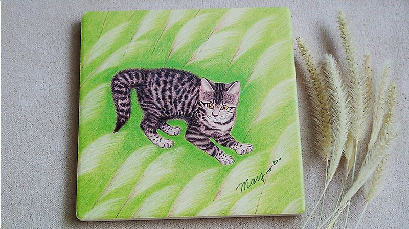 Tabby Cat in Reed Ceramic Water Coaster + Same Style Postcard - ที่รองแก้ว - ดินเผา สีเขียว