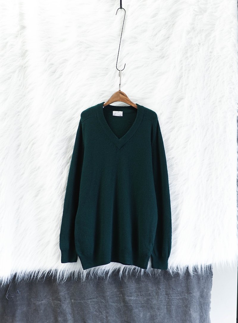 Iwate green v-neck classic plain face love time antique lamb wool vintage sweater lambswool - Women's Sweaters - Wool Green