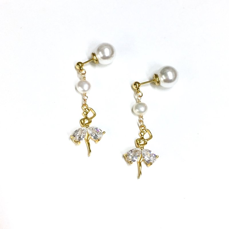 [Balletian] Ballet girl. Superblende Stone. Natural pearl earrings. Ear studs. - Earrings & Clip-ons - Gemstone Gold