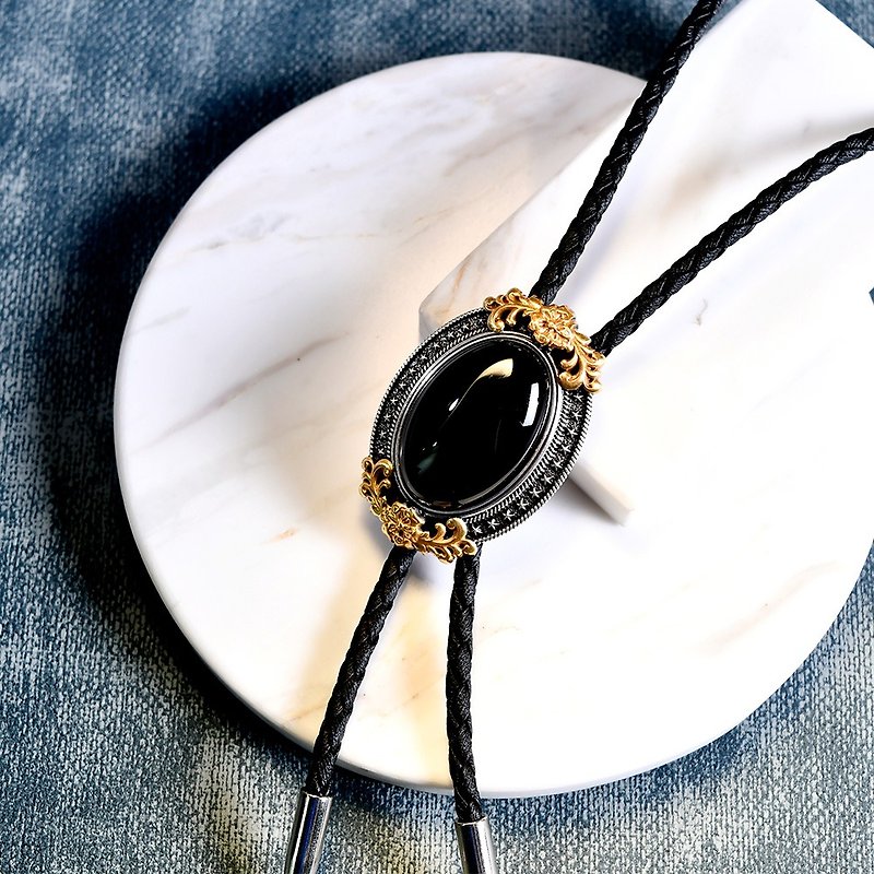 Western arabesque inlaid black stone Paul tie Bolo Tie American tie necklace│MF select - Ties & Tie Clips - Faux Leather Silver