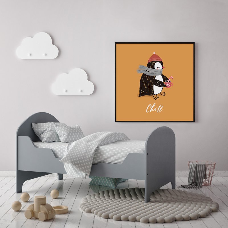 penguin-Chill - Square Prints, Wall Art, Winter print, penguin Prints - Posters - Cotton & Hemp Orange