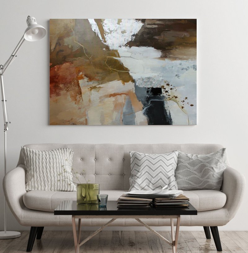 Brown Silver Painting |  Brown Silver Abstract | Brown Wall Art | Art | Silence - 壁貼/牆壁裝飾 - 棉．麻 咖啡色