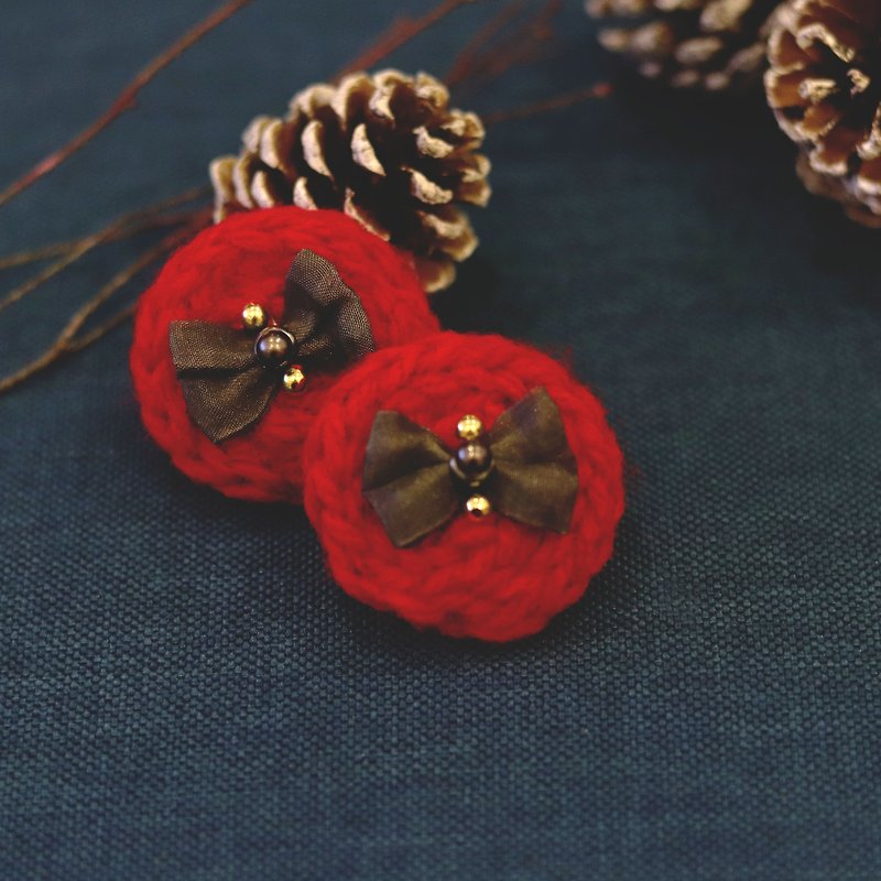 Handmade Rounded Red Knitted Earring with Golden Beads  - Earrings & Clip-ons - Cotton & Hemp Red