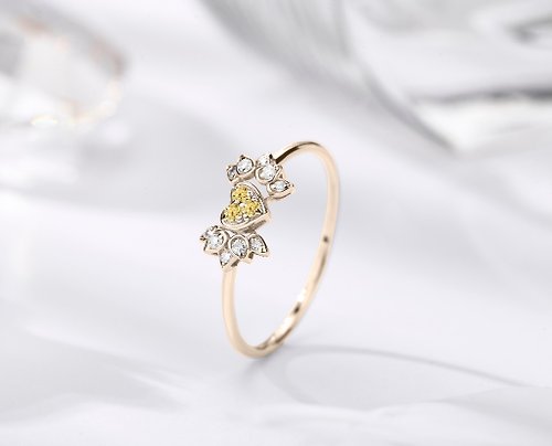 Majade Jewelry Design 黃鑽石14k金心形訂婚戒指 獨特丘比特之翼結婚戒指 天使翅膀鑽戒