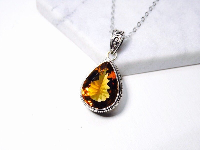 Imperial Topaz yellow topaz sterling silver drop necklace Heavy pattern mosaic made by hand in Nepal - Necklaces - Gemstone Yellow