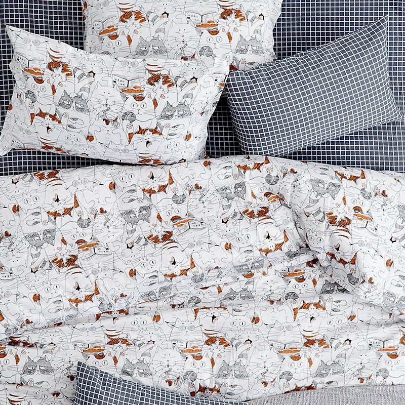 妙喵喵  單人雙人床單/床包 手繪貓咪40支純棉床品 枕套被套另購 - 床包/寢具 - 棉．麻 白色