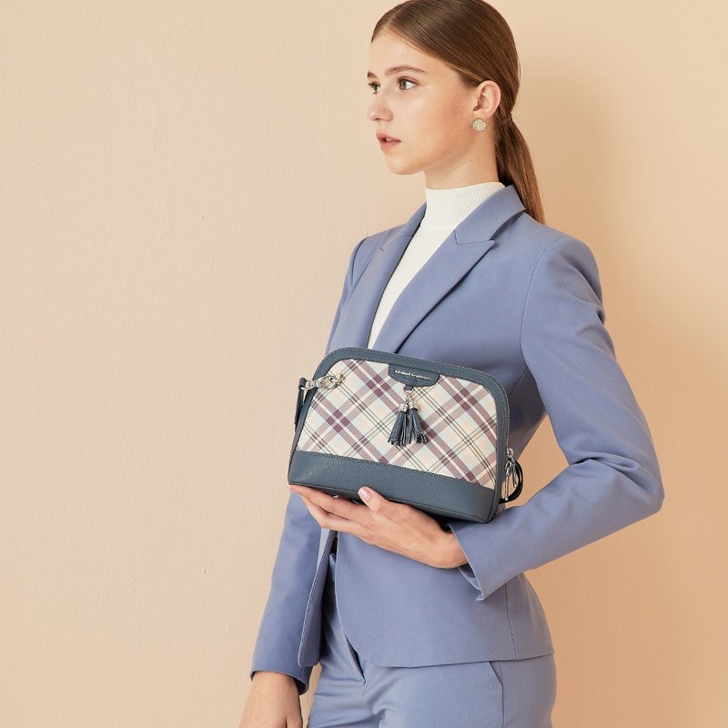 [Kim Anderson] TASSEL Classic Plaid Shell Slanted Side Bag-Blue - Messenger Bags & Sling Bags - Nylon Blue