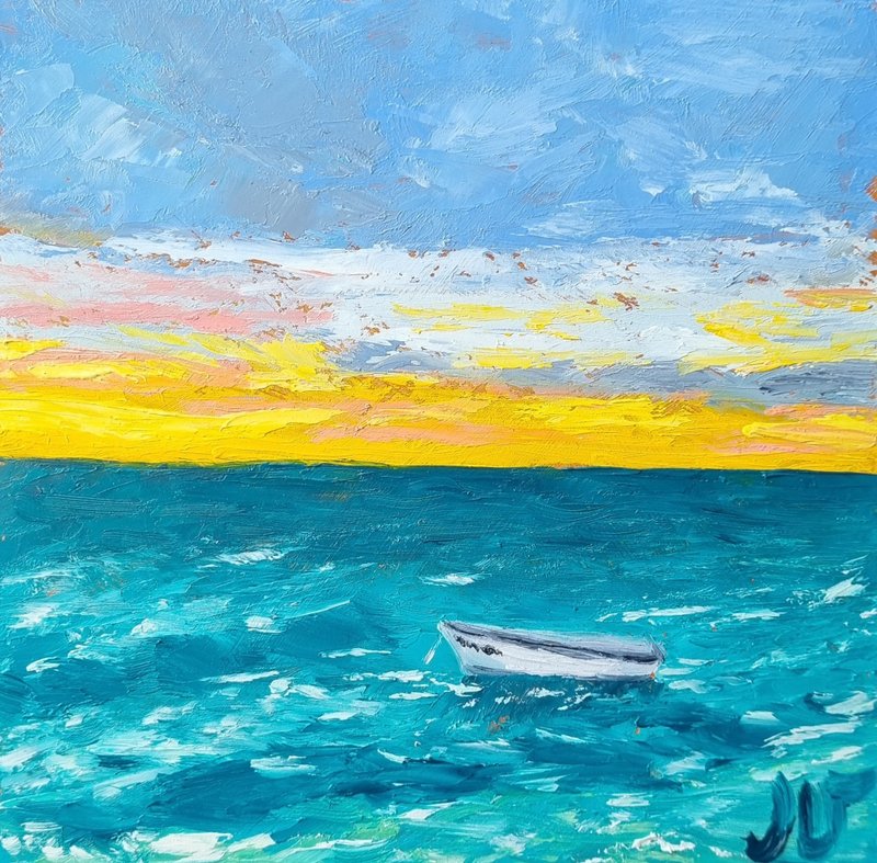 Oil Painting Boat in the Sea Ocean Art Minimalistic Wall Decor Impasto ...