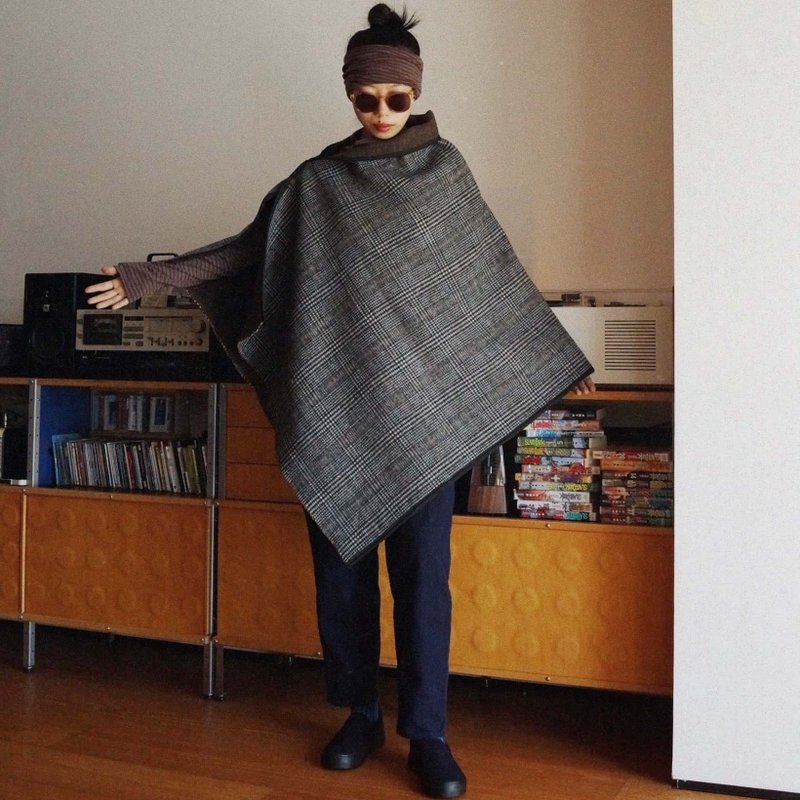 威爾士格紋和棕色 雙面按扣款圍巾披肩 人字紋羊毛 包邊款 - 圍巾/披肩 - 羊毛 咖啡色