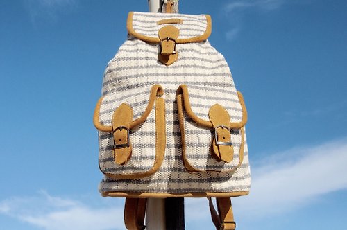 omhandmade 皮革拼接設計後背包 麂皮肩背包 民族風登山包 真皮背包-棉麻格紋