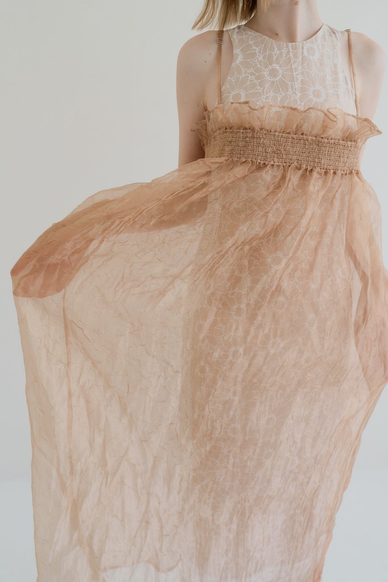 organza pocket dress 歐干紗口袋洋裝 champagne 香檳橙 - 洋裝/連身裙 - 聚酯纖維 金色