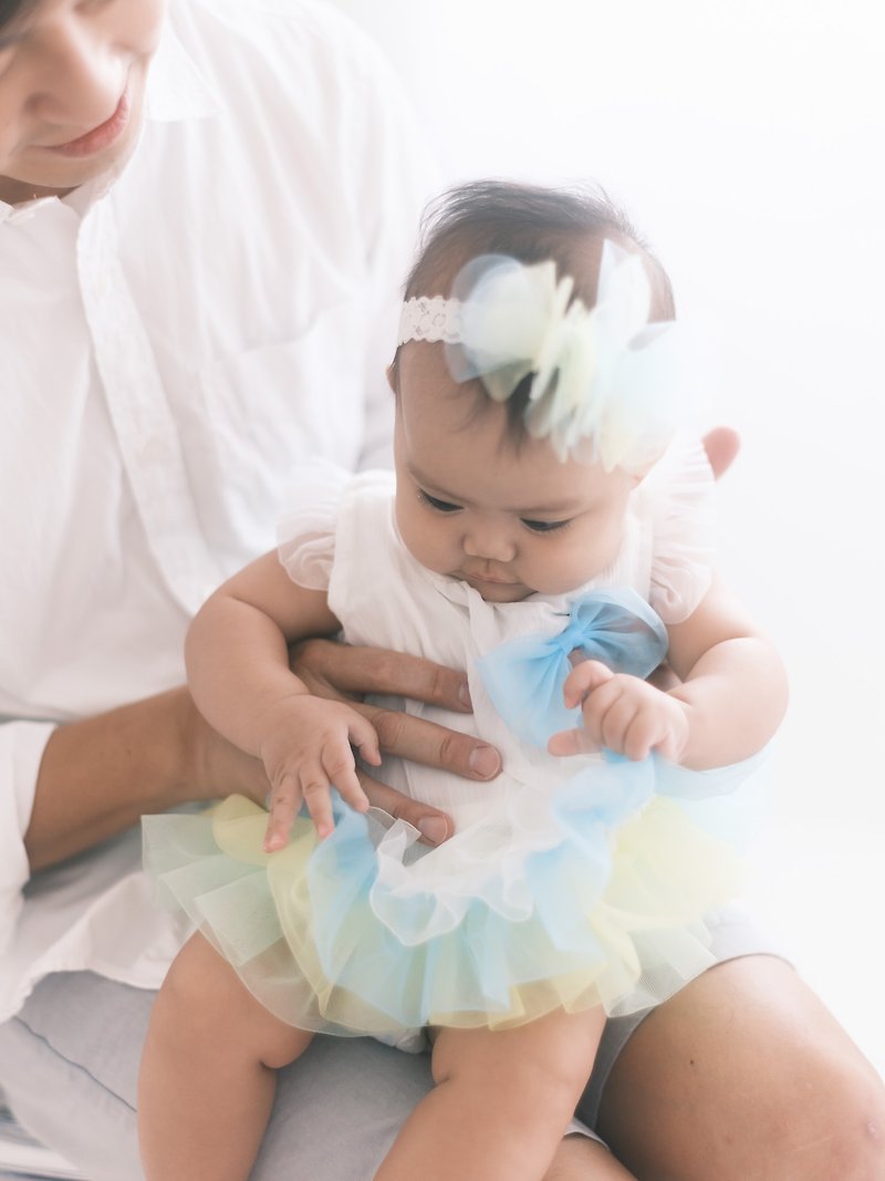 Summer Island | Newborn One Year Old Texture Gift Nana Chiffon Gradient Peng Peng Skirt Dress with Headdress - ชุดเด็ก - เส้นใยสังเคราะห์ สีน้ำเงิน