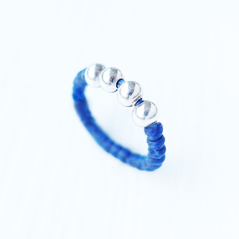 BOHO- Custom Made Silver Bead Braided  Ring - General Rings - Waterproof Material Blue