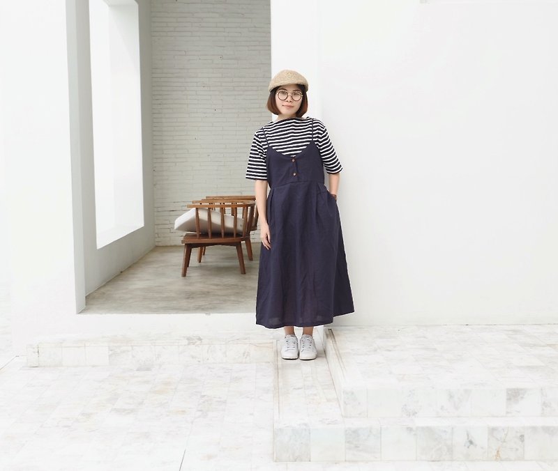 Sunny-Wendy Dress : Linen Navy - 連身裙 - 棉．麻 藍色