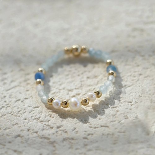 Beau Jewelry 天然石泡泡系列-海藍寶 藍紋石彈性戒指 14K 包金 注金