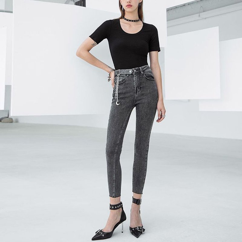 Punk Moon Girl High Waist Jeans / Detachable Moon Chain - Women's Pants - Other Materials Black