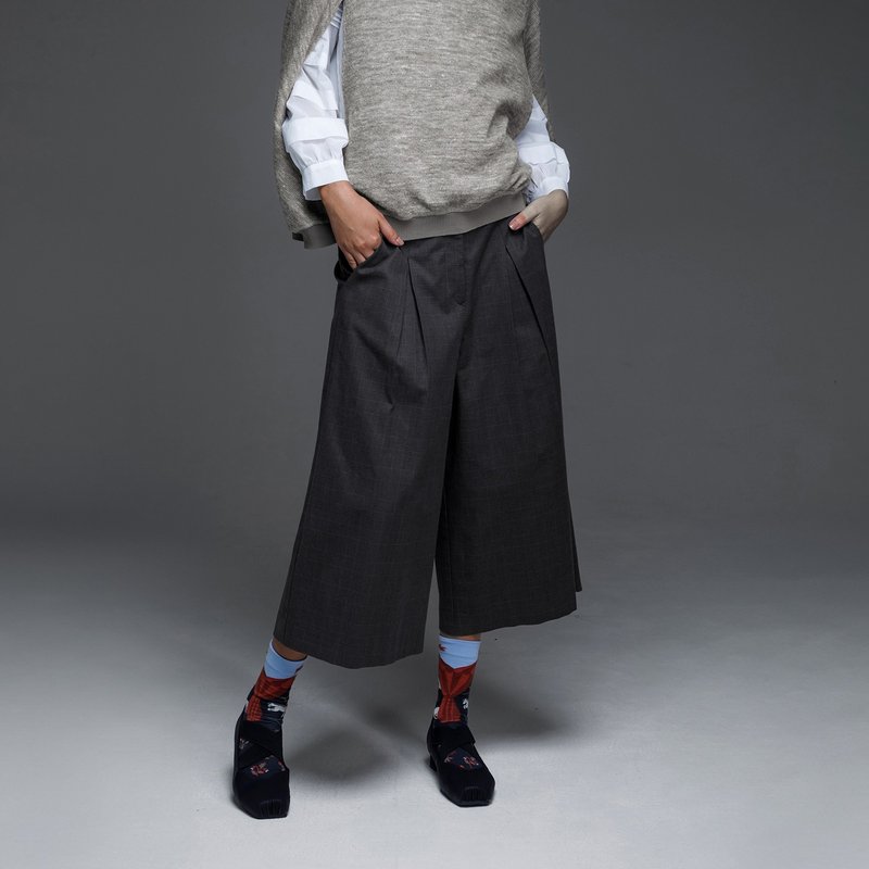 Stretch A-line box pleated cropped wide pants - กางเกงขายาว - ขนแกะ สีน้ำเงิน