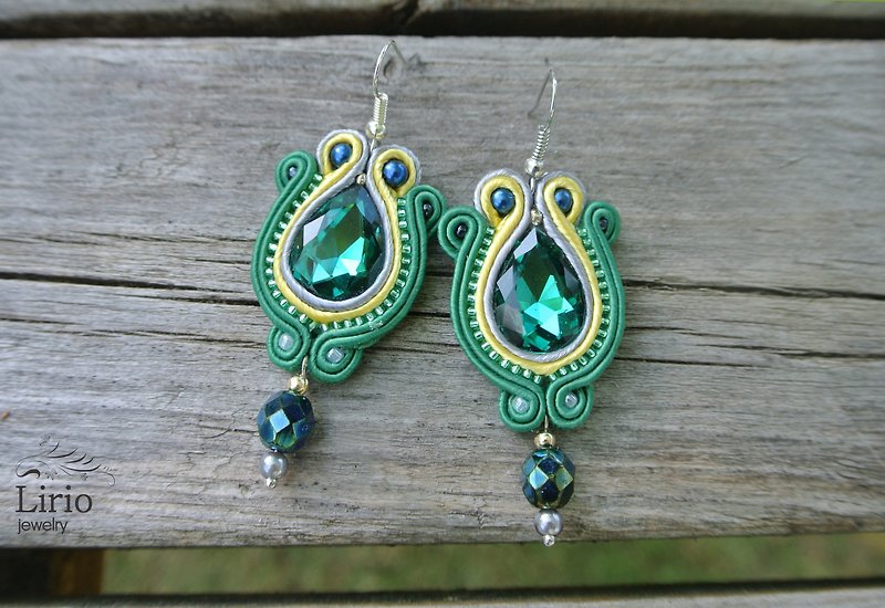 Green Rhinestone Earrings dangle beaded Crystal Embroidered soutache bohemian - Earrings & Clip-ons - Crystal Green