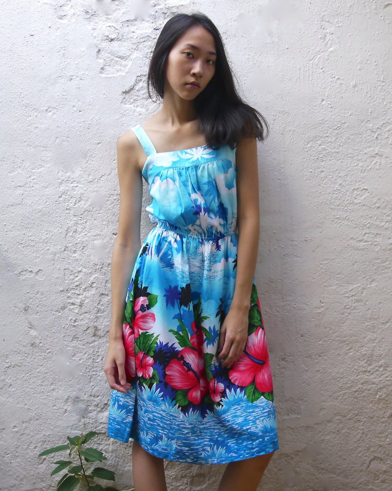 FOAK ancient Hawaiian hibiscus cotton harness dress - One Piece Dresses - Cotton & Hemp Blue