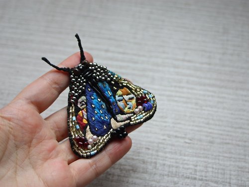 Nina's Art Space big moth brooch, beaded butterfly pin, crystal beads brooch, embroidered pin