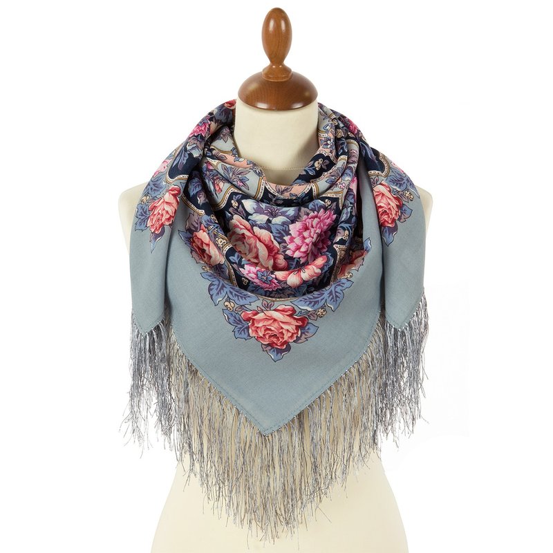 Authentic Pavlovo Posad Russian Shawl Scarf Soft 100% Wool 89x89 cm 1927-1 - 絲巾 - 羊毛 灰色